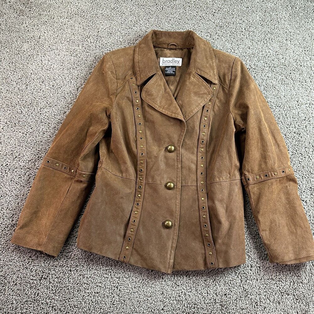 Bradley Bayou Leather Jacket Womens S Brown Embossed Liner Button Front Blazer